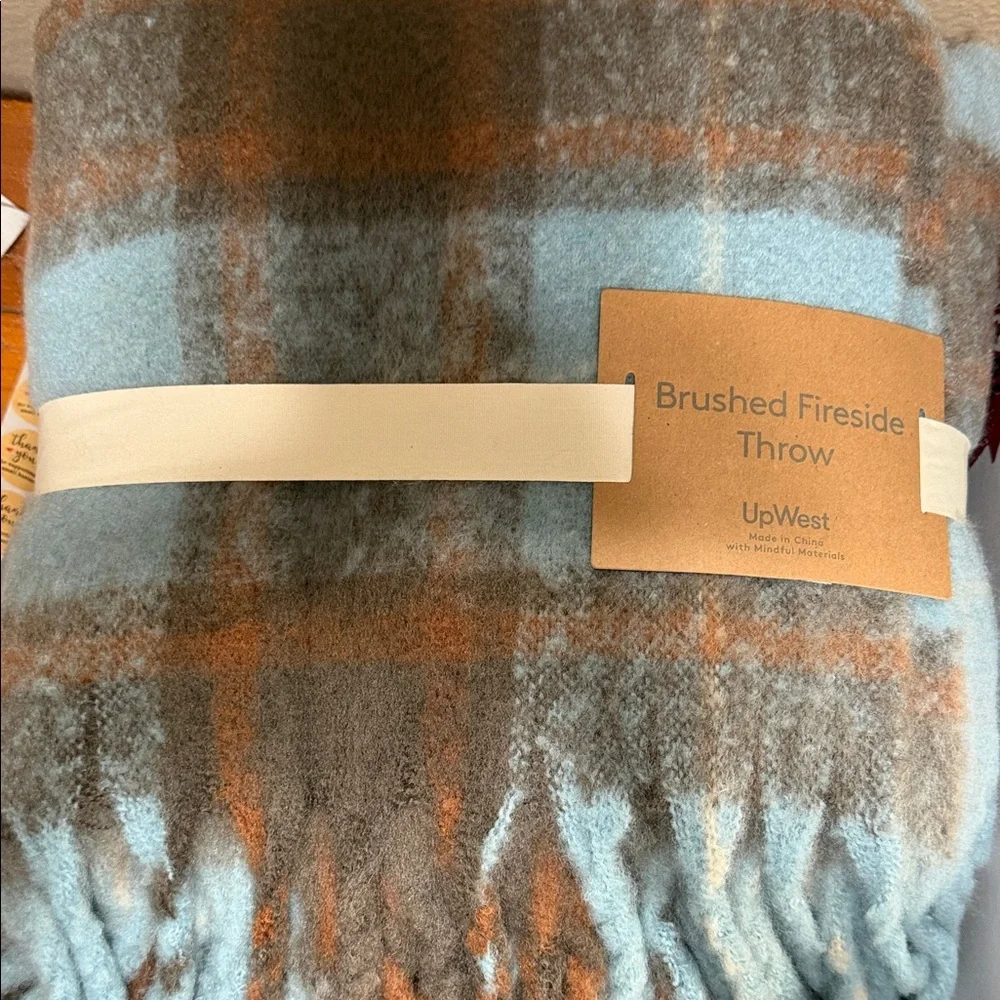 Nordstrom Brushed Fireside Throw Super Cozy Brown Blue Plush Fringed Blanket::